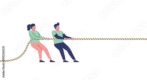 Two people, a man and a woman, are engaged in a tug-of-war, pulling on a thick rope with effort on a white background.