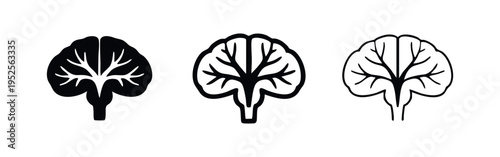 Human brain icon set: cerebrum symbol in solid, bold outline, and thin line styles