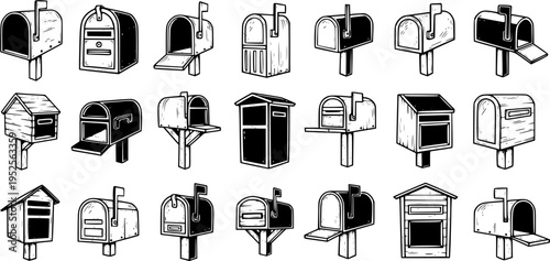 Postal Service Mailboxes Black and White Line Art Set. Hand-drawn post box collection for mail, communication, and home delivery designs.