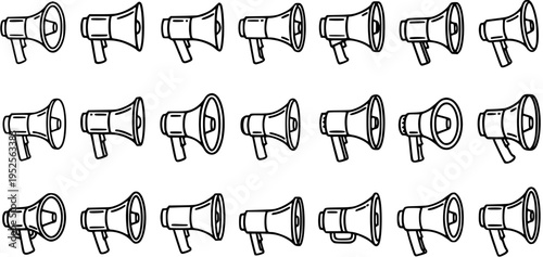 Hand-drawn Black and White Line Art Megaphone Icons Set for Communication, Marketing, Announcement, and Protest Themes. Doodle Bullhorn Collection.