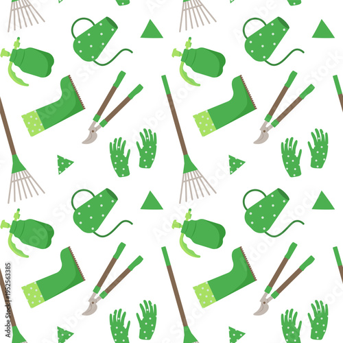 Seamless green gardening pattern with tools, boots and gloves in flat style. Fresh illustration with watering can, rake and equipment, suitable for textile, wrapping, decor and natural design.