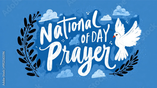 National day of prayer illustration with dove and laurel on blue background