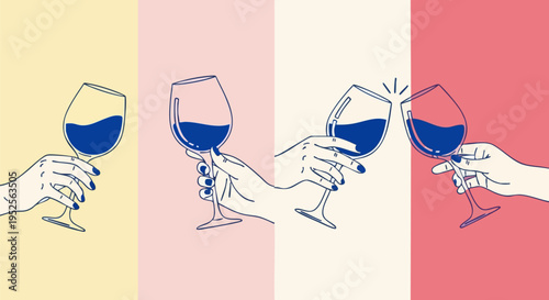 Set of 4 Vector Illustrations: Hands Holding and Clinking Wine Glasses with Red Wine on Colorful Backgrounds, Perfect for Celebrations and Social Events