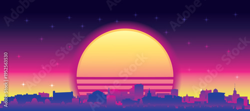 Purple generic retro futuristic synthwave panoramic poster of the city skyline with misty background sunset buildings of KRAKOW, POLAND