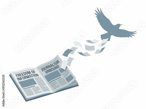 Symbolic illustration of journalistic freedom taking flight, with a bird disseminating information from a newspaper, emphasizing unbound news and open communication