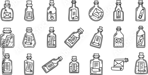 Black and White Line Art Icons of Various Old Glass Bottles with Paper Scrolls and Envelopes