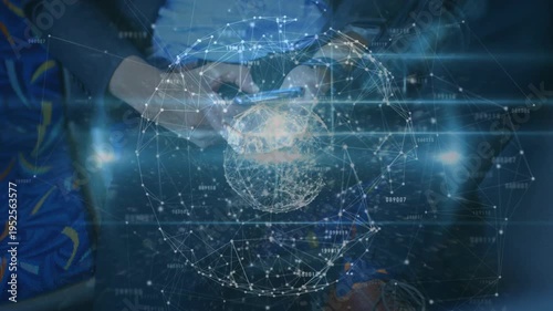 Man tapping smartphone in dim cabin, thumbs swiping and growing holo tech globe visualizing data