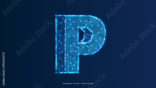alphabet P Letter P low poly design, alphabet abstract geometric image, font wireframe mesh polygonal vector illustration made from points and lines on dark blue background
