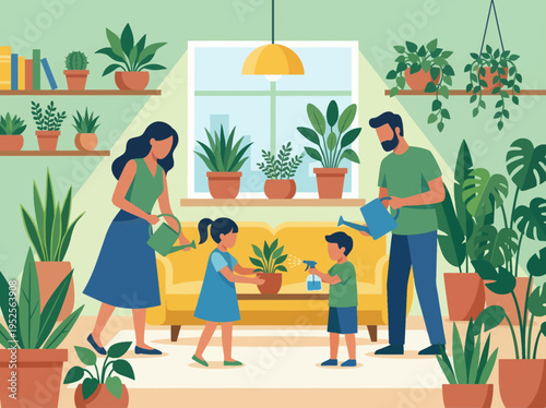 A happy family enjoying quality time together, caring for their vibrant collection of indoor houseplants in a cozy and green living room, fostering a love for nature and shared hobbies at home