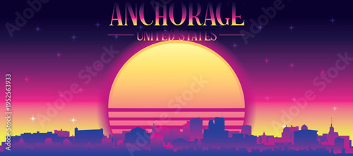 Purple generic retro futuristic synthwave panoramic poster of the city skyline with misty background sunset buildings of ANCHORAGE, UNITED STATES