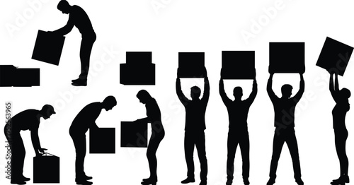 Warehouse and logistics worker silhouettes vector set, people lifting carrying boxes delivery labor poses, industrial moving workers collection, black silhouette illustration icons