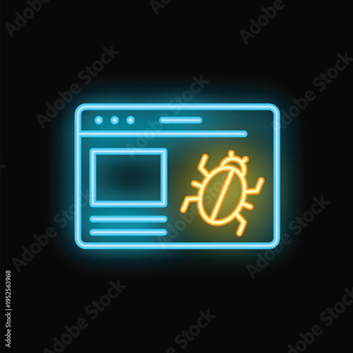 Neon icon of a bug appearing on a website, representing the concept of debugging