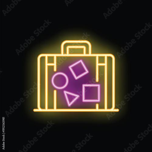 Neon sign of suitcase for travel with geometric shape stickers representing visited countries on black background