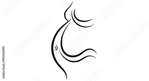 Elegant Abstract Line Art of Pregnant Woman Showing Baby Bump on Isolated White Background