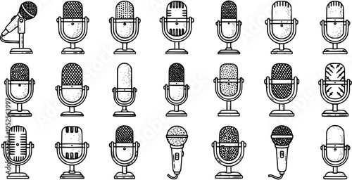 Microphones Line Art Icon Set. Black  White Hand-Drawn Doodle Collection of Vintage and Modern Mics for Audio, Broadcasting, Music, Podcast  Communication.