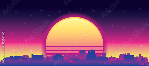 Purple generic retro futuristic synthwave panoramic poster of the city skyline with misty background sunset buildings of ANCHORAGE, UNITED STATES