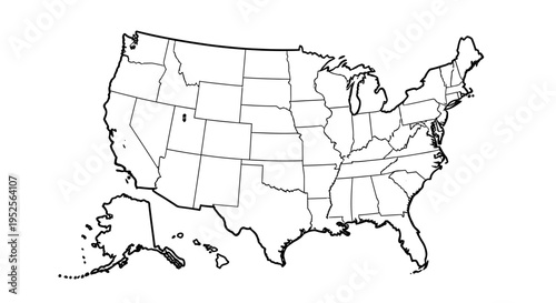 Detailed outline map of United States with state lines, white background.