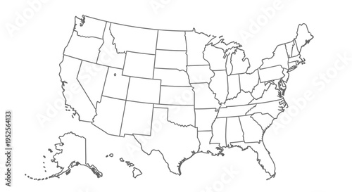 Outline map of United States with state borders, white background.