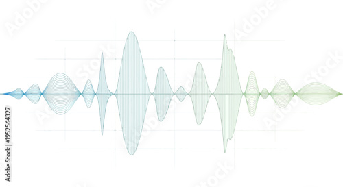 Abstract blue and green sound wave visualization on a modern digital background.