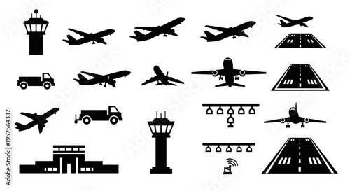 Airplane airport transport icons set.