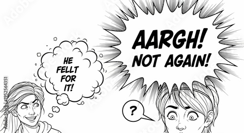 Young man and woman reacting with frustration and anger, speech bubble showing "AARGH! NOT AGAIN!", with a cunning older woman's thought bubble on isolated white background.