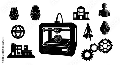 Black 3D printer and design icons.
