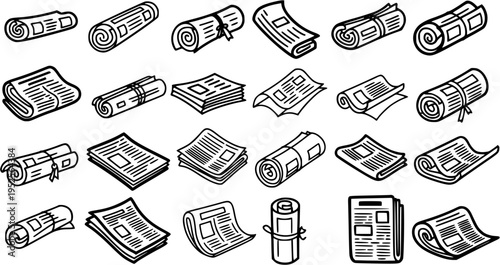 Journalism and News Industry Black and White Line Art Icons. Set of Hand-Drawn Newspaper Illustrations for Media, Communication, and Publishing.