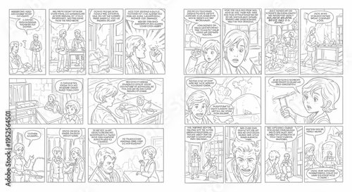 Black and white comic strip pages depicting various people interacting in everyday life scenarios.