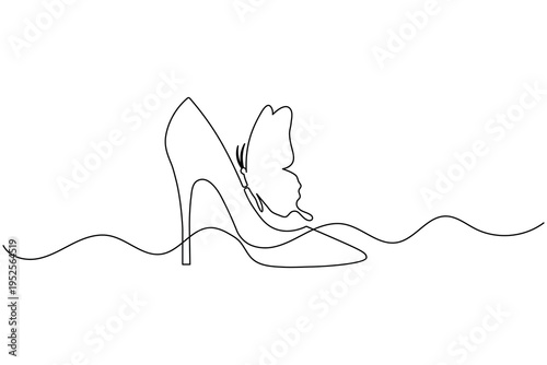 Fashion High Heel shoe with Butterfly Continuous Line Art Minimalist Beauty Concept Illustration