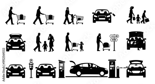 Black car and people icons set.