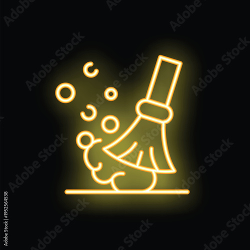 Yellow neon icon of a broom sweeping away dust and dirt on the floor
