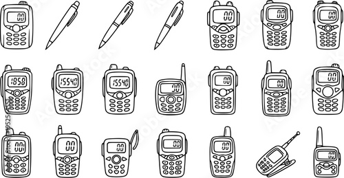 Hand-Drawn Black  White Line Art Set of Communication Walkie-Talkies and Pens Icons for Technology and Security