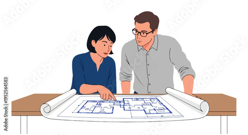 Two architects or designers are intently discussing a building blueprint laid out on a table, with one person pointing to a specific section.