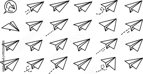 Communication Technology Black  White Line Art Paper Airplanes Icon Set for Send, Share, Message UIUX and Mobile App Design.