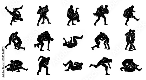 Black silhouettes of people wrestling moves.