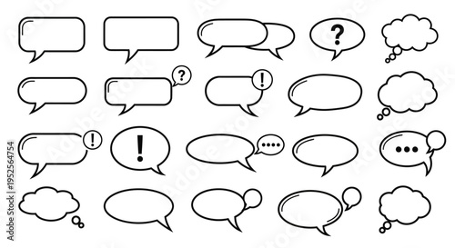 Assortment of outlined speech bubbles, exclamation and question marks, interactive communication, isolated white background.