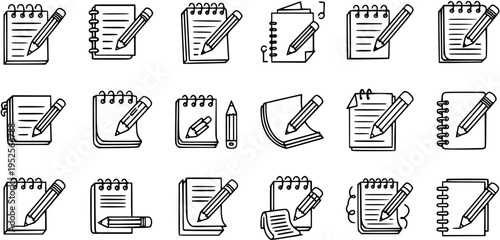 Black and White Line Art Icons Set of Notebooks and Pencils. Hand-drawn Doodle Style for Education, Office, Writing, and Learning Concepts.