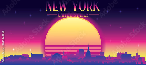 Purple generic retro futuristic synthwave panoramic poster of the city skyline with misty background sunset buildings of NEW YORK, UNITED STATES