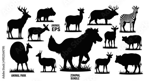 Black silhouettes of various wild animals.