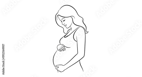 Loving Pregnant Woman Looking Down at Her Belly with a Gentle Smile, in Line Art on Isolated White Background