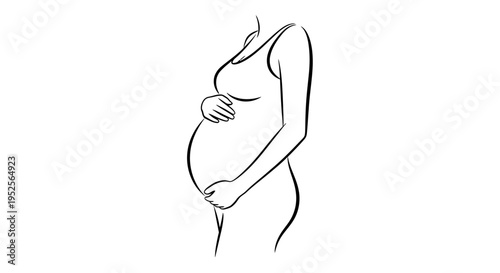 Minimalist Line Art of Pregnant Woman in Side Profile Gently Embracing Her Belly on Isolated White Background