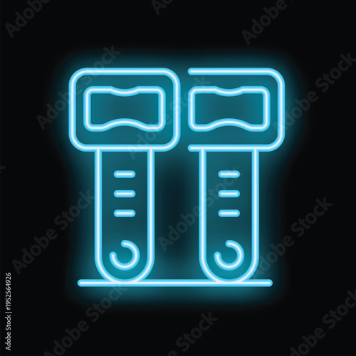 Blue neon sign of a pair of bottle openers glowing on a wall at night
