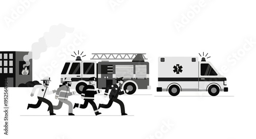 Urgent Emergency Response with Firefighters Running Towards a Burning Building, Accompanied by Fire Truck and Ambulance