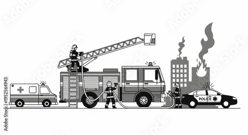Emergency Scene with Firefighters and Police Responding to a Burning Building with Ambulance and Fire Truck