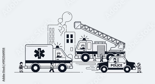 Emergency Vehicles Responding in a City Scene with Fire Truck, Police Car, and Ambulance