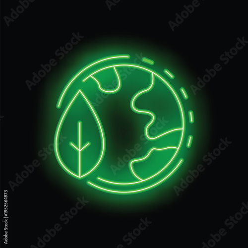 Green neon sign showing earth and a leaf for an eco friendly concept