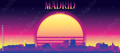 Purple generic retro futuristic synthwave panoramic poster of the city skyline with misty background sunset buildings of MADRID, SPAIN