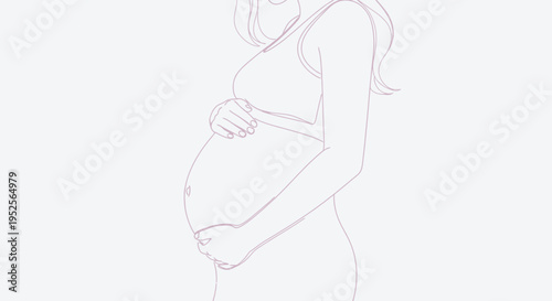 Elegant Line Art of Pregnant Woman in Profile Gently Holding Her Belly on a Light Grey Background