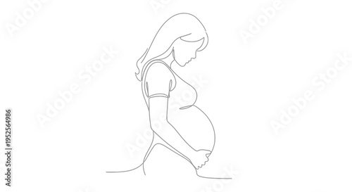 Serene Pregnant Woman in Side Profile Gently Touching Her Belly in Minimalist Line Art Style