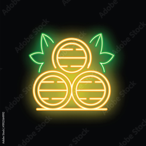 Neon sign with three wooden barrels and hops for beer production glowing on a black background